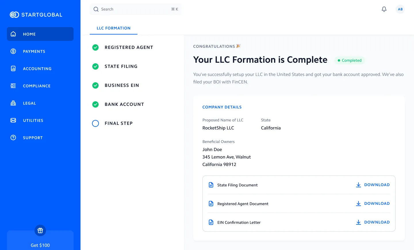 StartGlobal Dashboard - Manage your LLC, track payments, and stay compliant